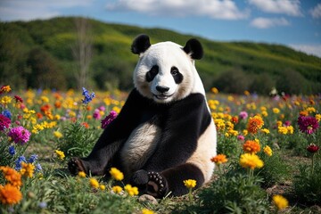 Obraz premium Playful Panda Sitting in Vibrant Flower Field Under Bright Blue Sky
