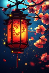 Enchanted Chinese Lantern with Blooming Spring Flowers