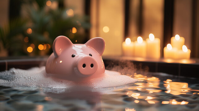 Creative financial services concept showcasing a piggy bank in a tranquil spa, representing stress-free money management and financial well-being. Image made using Generative AI