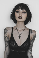 Woman in black dress with intricate tattoos poses confidently against a graffiti-covered wall.