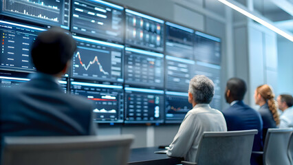 Overwhelmed Professionals in Conference Room Analyzing Complex Data Charts and Graphs for Effective Decision-Making