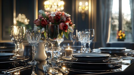 Sophisticated Black-Tie Table Setting with Floral Arrangements