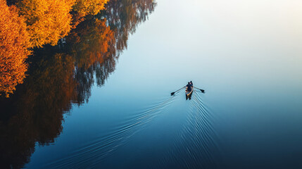 A Tranquil Rowboat Journey Through Autumn Reflections on Calm Waters