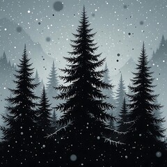 Obraz premium Silhouettes of evergreen trees with snow falling 