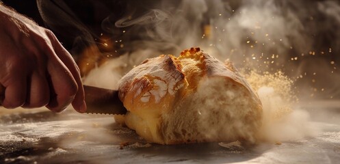 process of bread-making with emphasis on the golden crust, steam rising, artisanal details, rustic charm . Cottagecore. Slow Life