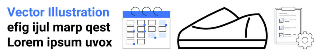 Calendar, abstract geometric shape, and checklist with gear icon emphasize organization, productivity, minimalism. Ideal for business, project planning, time management, workflow, efficiency