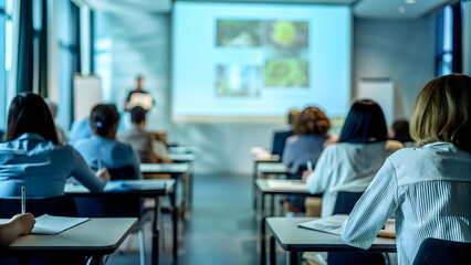 Corporate training on environmental responsibility concept as Employees attending a workshop or seminar focused on corporate environmental responsibility highlighting best practices and sustainable in