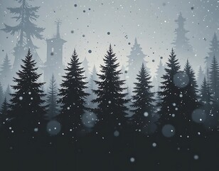 Fototapeta premium Silhouettes of evergreen trees with snow falling 