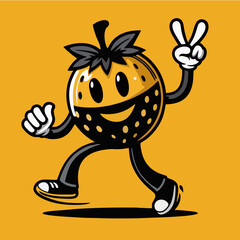 walking fruit cartoon character gives two finger symbol