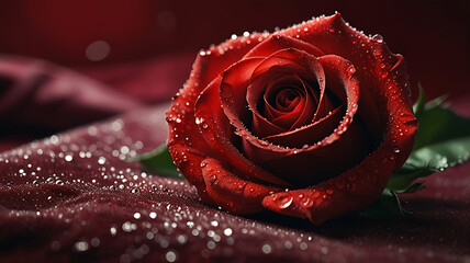 A close-up of a vibrant red rose covered in delicate dew drops, lying on a soft velvet cloth, symbolizing love and passion for Rose Day.

