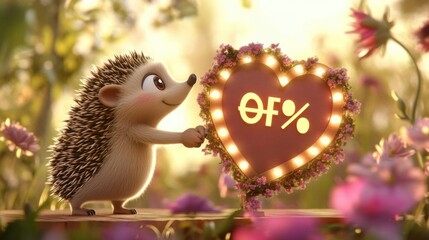 Charming 3D hedgehog animation in garden with heart sign