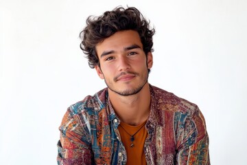 Portrait of a Young Man with Curly Hair in a Colorful Shirt Against a White Background