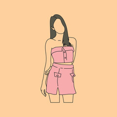 vector illustration of stylish girl posing flat line art pink color and hair flowing down her chest, kpop idol cartoon line