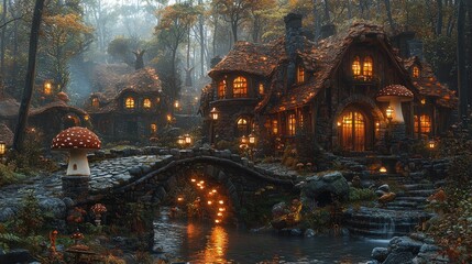 Fototapeta premium A whimsical forest scene featuring cozy cottages with glowing windows and mushrooms.
