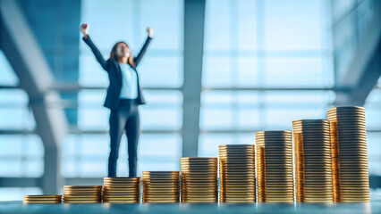 Businesswoman Celebrating Success with Raised Arms Symbolizing Achievement in Professional Setting - Stock Photo Concept