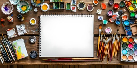 frame with stationery, Flat Lay of Art Supplies Featuring Paintbrushes, Watercolors, Sketchbooks, and a Creative Workspace with Artistic Tools and Materials