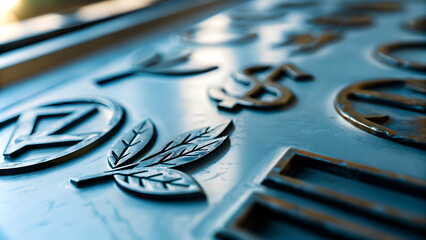 Close up of eco friendly financial symbols on recycled metal for sustainable branding concept as Close up of recycled metal featuring eco friendly financial symbols etched on it representing sustainab