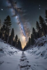 Dramatic milky way stretching across sky above snowy woodland path, calmness, starry night, cosmic