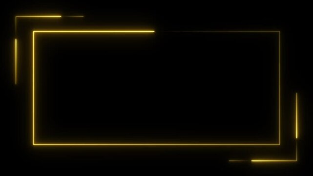 Golden line frame. Rectangle border. Line art. Neon. Isolated on black background. Animated corner line. Copy space. Elegance and sophistication. For photos, invitations, or art. A sleek, luxurious.
