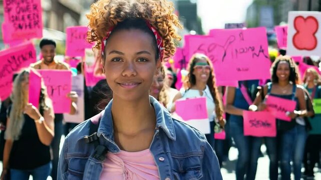 A cancer awareness march with participants holding signs and banners