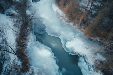 Landscape view of melting frozen river in the forest among the pine tree, Melting glacier with foggy view.