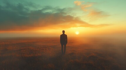 Fototapeta premium Solitude at Sunset: A Man Silhouetted in a Misty Field
