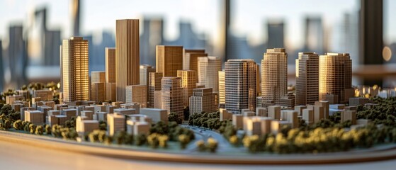 Obraz premium Detailed architectural model of a modern cityscape, illuminated by the warm light of a setting sun