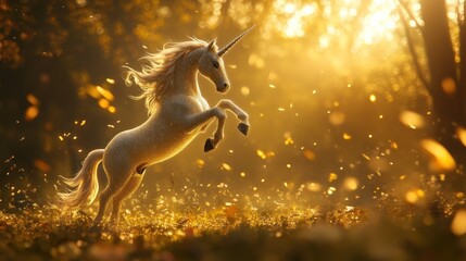 Majestic white unicorn rearing in autumnal sunlight, surrounded by falling leaves.