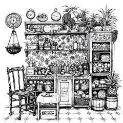 Fototapeta premium A Detailed Ink Drawing of a Rustic Kitchen Pantry Filled with Fruits, Vegetables, and Vintage Items.