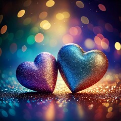 Fototapeta premium Vibrant Dreamy Scene with Two Glittery 3D Hearts, One Multi-Colored and One Golden, Against a Soft Bokeh Background of Colorful Lights for Romantic Designs