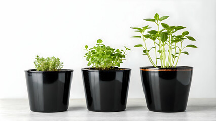 Fototapeta premium Small Herb Seedlings in Glossy Black Pots on Plain Background - Urban Agriculture Modern Aesthetics Photo Stock