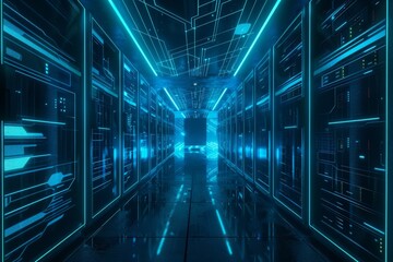 Fototapeta premium Neon Blue Server Room Interior