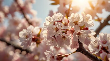 Obraz premium Cherry blossoms flowers bloom in spring meadow, close shot