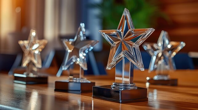 set of various corporate award trophies on a table