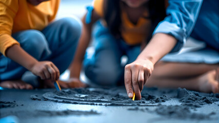 Joyful Family Sand Art Creation on Beach Macro Shot Highlighting Collaboration and Creativity with Ample Copy Space