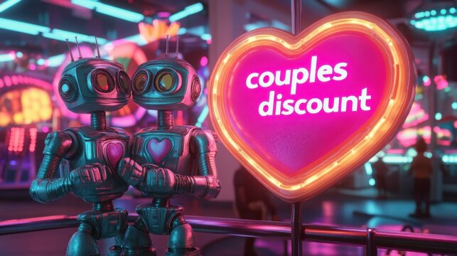 Cheerful 3D robot couple in love at futuristic park