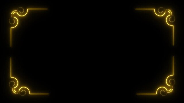 Golden line frame. Rectangle border. Line art. Neon. Isolated on black background. Animated corner line. Copy space. Elegance and sophistication. For photos, invitations, or art. A sleek, luxurious.
