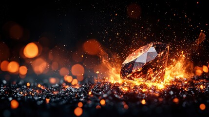  A raw diamond glowing amidst red-hot coal, with fiery embers scattered around and a gradient of heat radiating from the scene 