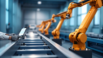 Naklejka premium Engineer Designing Automated Quality Control System in Modern Manufacturing Plant for Precision and Quality Assurance