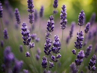 Obraz premium macro shot of blooming lavender flowers in rich purple hues, surrounded by lush green bokeh, creating bright and serene atmosphere