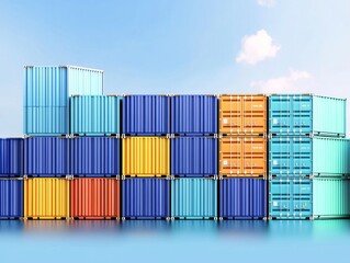 Fototapeta premium Colorful shipping containers stacked against a clear blue sky.