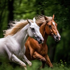 Obraz premium Two Horses Running in Forest