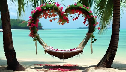 Relaxing heart-shaped hammock on tropical beach perfect for couples scenic ocean view romantic getaway tranquil environment