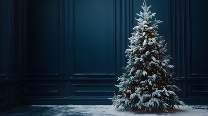 Snowy Christmas Tree in Elegant Dark Room with Decorative Lights and Winter Atmosphere