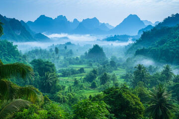 Naklejka premium Lush green valley surrounded by misty mountains at dawn in a tropical landscape