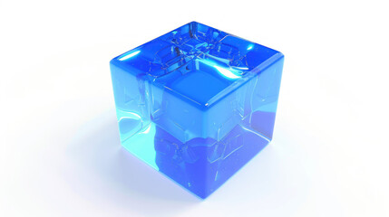 Blue cube with center hole, perched on white surface with shadows. Bright natural light highlights the textured surface and geometric design.