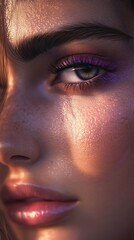 Fototapeta premium A close-up view of a human face captures the intricate details of skin texture and eye color. Soft natural light creates a gentle glow, accentuating unique facial features.
