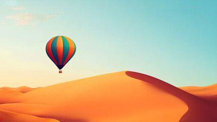 Hot Air Balloon Floating Above Stunning Desert Sand Dunes at Sunset