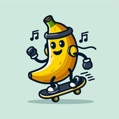 banana cartoon character skateboarding and listening to music