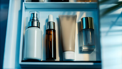 Macro Close Up of Skincare Products Neatly Arranged with Ample Copy Space for Text or Branding in Reality Photography